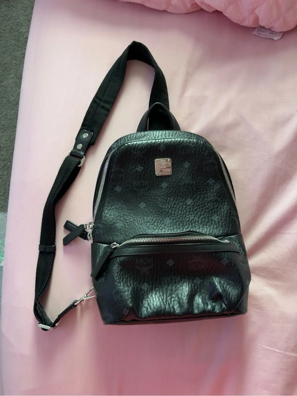 MCM Black Monogram Leather Sling Backpack